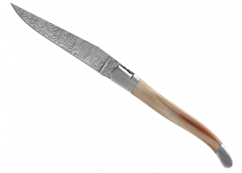 Laguiole knife Damascus edition with blond horn tip handle and 2 stainless steel bolsters image 10