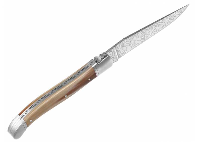 Laguiole knife Damascus edition with blond horn tip handle and 2 stainless steel bolsters image 18