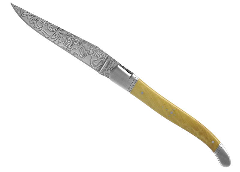 Laguiole knife Damascus edition with boxwood handle and 2 stainless steel bolsters image 3