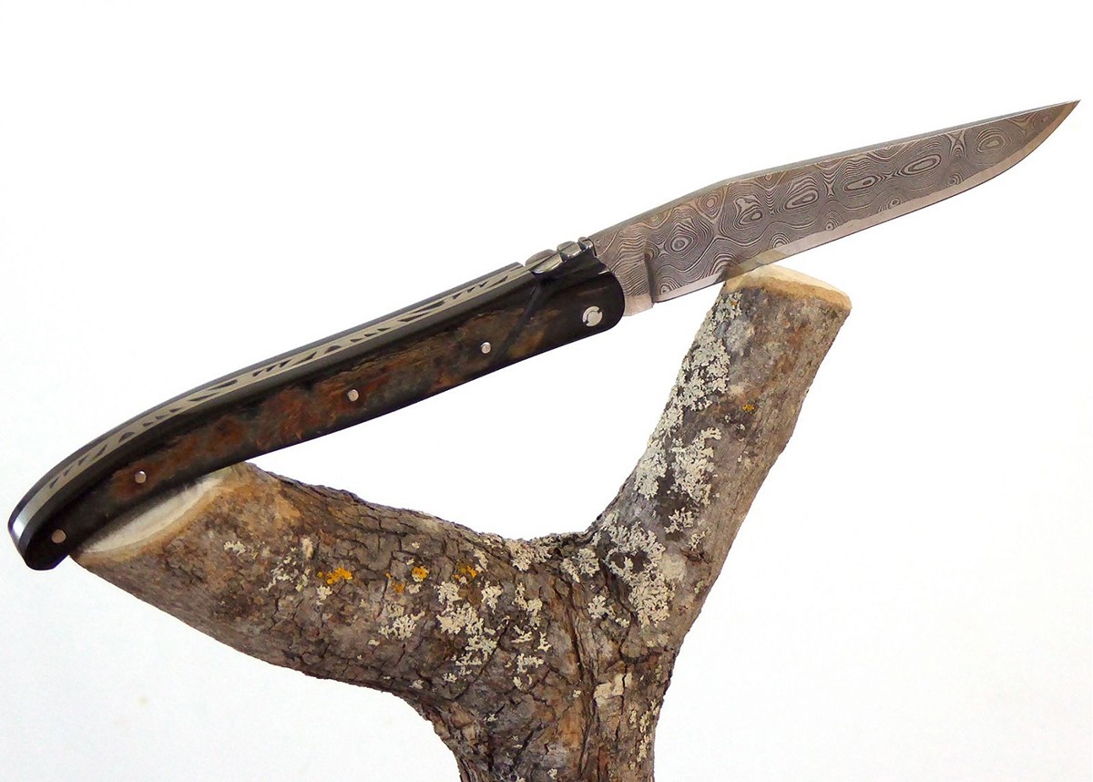 Laguiole Knife, Damascus Blade, Buffalo Bison Horn Crust Handle image 2